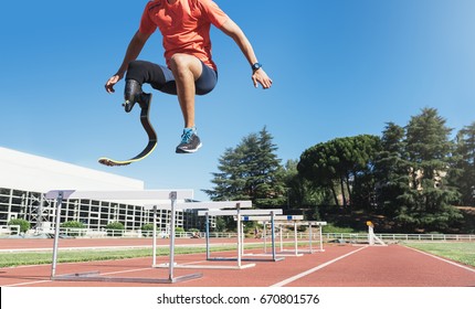 Disabled Man Athlete Training With Leg Prosthesis. Paralympic Sport Concept.