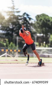 Disabled Man Athlete Training With Leg Prosthesis. Paralympic Sport Concept.