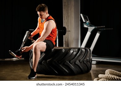 A disabled man with a prosthetic leg sitting confidently on a tire, exercising in the gym. - Powered by Shutterstock