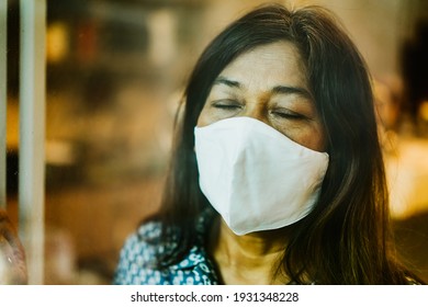 Disabled Person Health From COVID-19 Coronavirus.Depression Blind Person Indian Asian Woman With Face Mask Sad And Stress From Financial And Mental Health.unemployment Disabled Person Stay At Home.