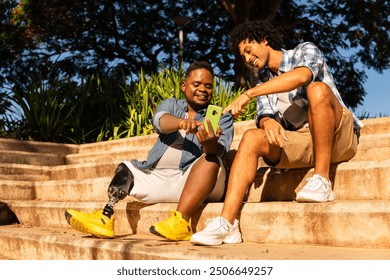 disabled person showing mobile screen to friend
 - Powered by Shutterstock