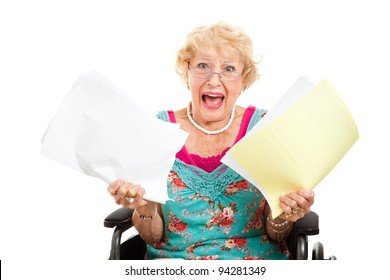 Disabled Senior Woman Screaming In Frustration About Her Medical Bills.  Isolated On White.