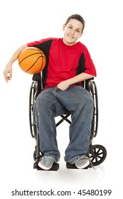 Disabled Teen Boy Enjoys Playing Basketball.  Full Body Isolated On White.