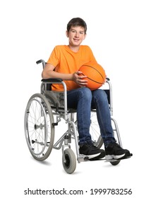 Disabled teenage boy in wheelchair with basketball ball on white background