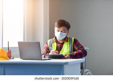 Disabled Worker In Wheelchair In Factory Contruction Site,construction Worker In Wheelchair With Computer,vintage Style