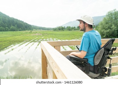 disabled Young man in electric wheelchair on a boardwalk enjoying his freedom and observing nature