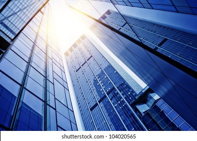 Disappearing Glass Office Buildings In The Morning, Wide Angle View