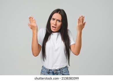 Disappointed angry displeased young caucasian woman girl student feeling frustrated about abuse, PMS, menstruation, period, relationship problems isolated in grey background