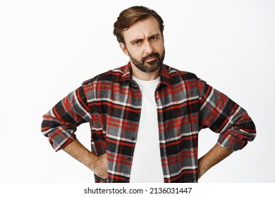 Disappointed Bearded Man Scolding, Dad Looking Angry At You, Standing Over White Background.