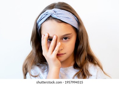 Disappointed Child. Failure Regret. Shame Embarrassment. Portrait Of Unhappy Displeased Little Girl Showing Facepalm Gesture Isolated On White Background.