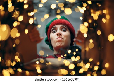 Disappointed Christmas Woman Looking Inside Cardboard Gift Box