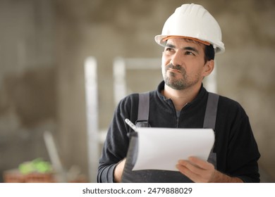 Disappointed construction worker checking work taking notes looking above - Powered by Shutterstock