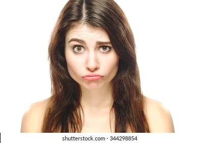 Disappointed funny cute girl woman face isolated on white background. 