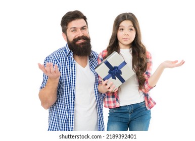 Disappointed With Gift. Disgusting Birthday Concept. Did Not Please With Gift. Too Demanding Daughter. Boxing Day. Happy Holidays. Father And Daughter Open Gift. Dad And Little Girl With Wrapped Box