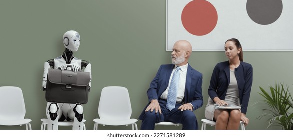 Decepcionados solicitantes de trabajo sentados en la sala de espera y mirando al candidato robot de IA, están esperando la entrevista de trabajo