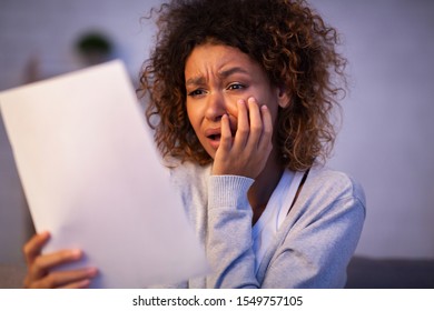 Disappointed Woman Reading Letter Of Break Up From Boyfriend, Girl Covering Mouth With Hand