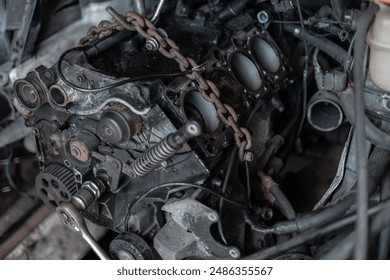 Disassembled car dirty engine close-up to engine parts and cylinder head at car garage - Powered by Shutterstock