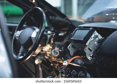 Disassembled Car Interior Close Up In Car Auto Service.