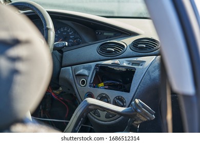 Disassembled dashboard in the car.