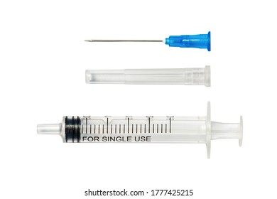 Disassembled Disposable Syringe Isolated On White. Parts Of Medical Injector: Needle And Protective Cap