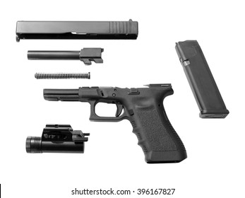 Disassembled Handgun Isolated On White Background. Seperate Pistol Parts, Magazine And Torch.