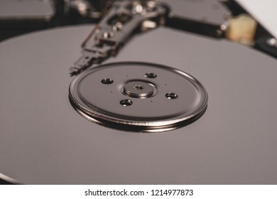 Disassembled hard drive from the computer, opened hard drive from the computer hdd. Part of computer pc, laptop.
