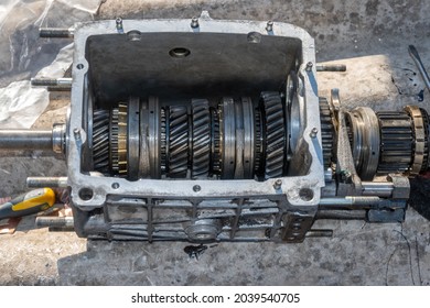 Disassembled Manual Transmission. Transmission Repair Work.