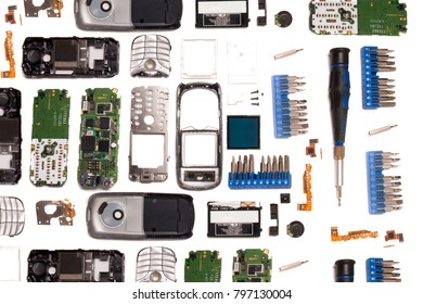 Disassembled Mobile Phone Parts Isolated On A White Background.