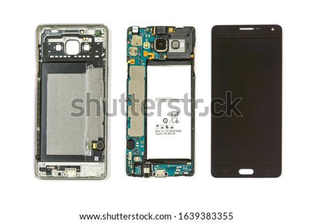 Disassembled smartphone on white background, Repair Service, isolated.