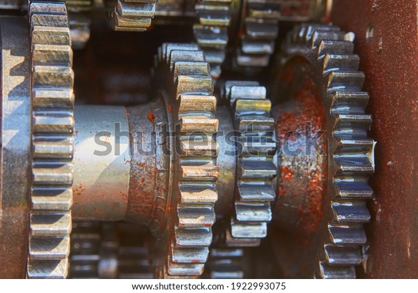 disassembled\
transmission of a tractor gearbox close\
up