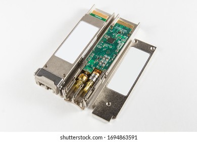 Disassembled XFP Optical Transceiver On White Background