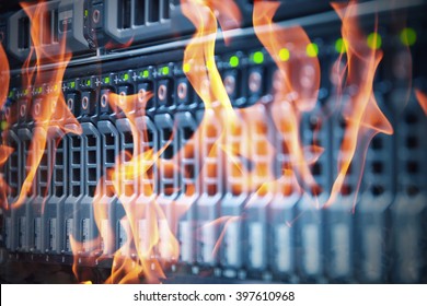 Disaster In Data Center Room Server And Storage On Fire Burning