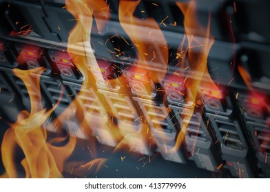 Disaster In Data Center Room Server And Storage On Fire Burning
