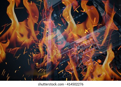 Disaster In Data Center Room Server And Storage On Fire Burning
