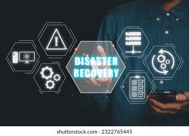 Disaster Recovery concept, Person hand touching disaster recovery icon on virtual screen background, Data loss prevention. - Shutterstock ID 2322765445