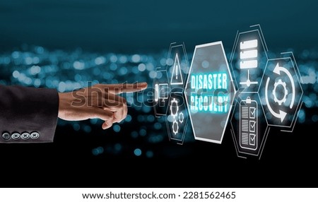 Disaster Recovery concept, Person hand touching disaster recovery icon on virtual screen background, Data loss prevention.