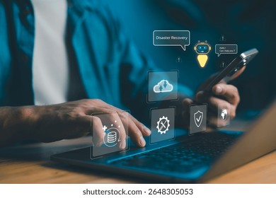 Disaster recovery technology concept with cloud computing, data protection icons, and AI chatbot interface. Ideal for IT solutions, cybersecurity and digital business strategy.