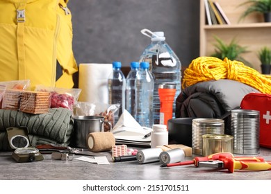 Disaster Supply Kit For Earthquake On Grey Table Indoors