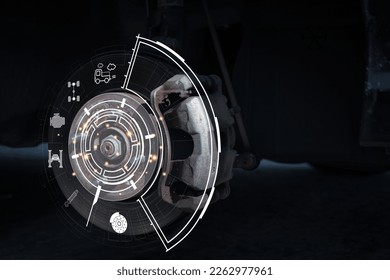 Disc brake of the vehicle for repair, in process of new tire replacement. Car brake repairing in garage.Suspension of car for maintenance brakes and shock absorber systems.Close up.
 - Powered by Shutterstock