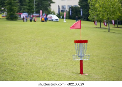 Disc golf basket outdoors.