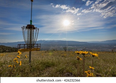 Disc Golf Metal Net Landscape With Sun And Wildflowers 