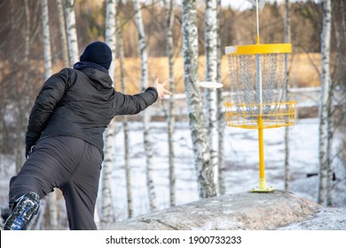 Disc Golf Player Putting To Basket