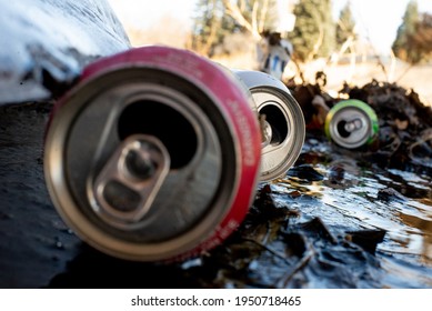 
Discarded aluminum cans found in situ in Fountain Creek drainage near Garden of the Gods, Colorado Springs, photographed March 5th, 2021. Cleaned up and removed by photographer after capture.
