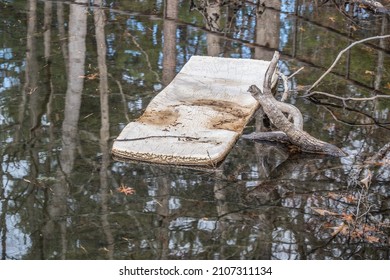 A discarded recreational rafting floatation pad that is used for relaxation on the surface of the water abandoned alongside a fallen tree in the lake grungy and dirty polluting the environment