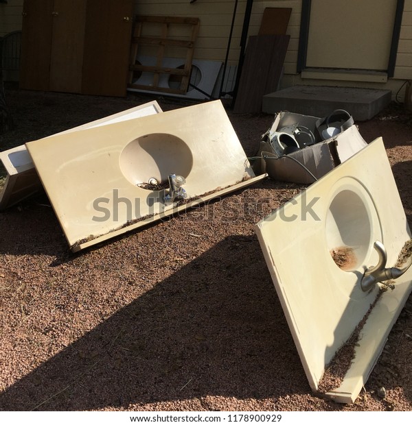 Discarded Sinks Countertops On Ground Stock Photo Edit Now