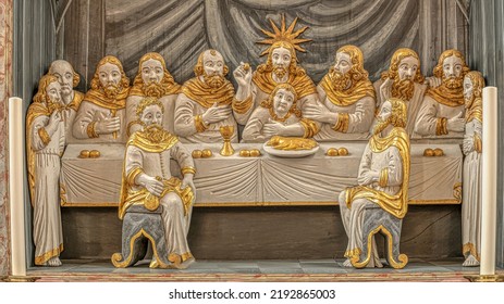 The Disciples Carved As Golden Figures Sit At The Table With Jesus At The Last Supper, Mariager, Denmark, August 7, 2022