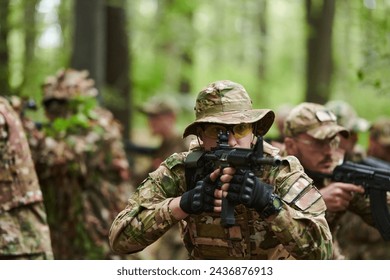 Una unidad militar disciplinada y especializada, vestida de camuflaje, patrullando estratégicamente y manteniendo el control en un ambiente de alto riesgo, mostrando su precisión, unidad y disposición para