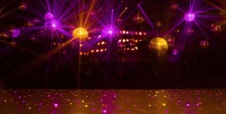 Disco Background With Disco Balls In Purple And Gold Lighting