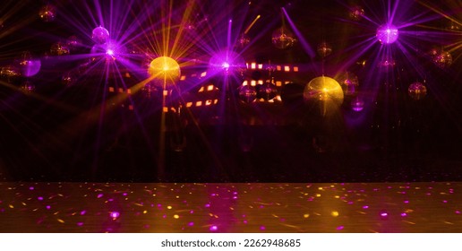disco background with disco balls in purple and gold lighting