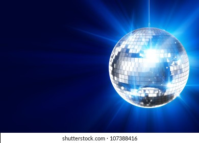 Disco Background With Shiny Retro Disco Ball. Great Background For Disco Party Or Small Karaoke Event. Blue Theme